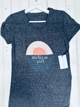 Load image into Gallery viewer, &#39;Michigan Girl&#39; Sunset Black Heather Crewneck Tee